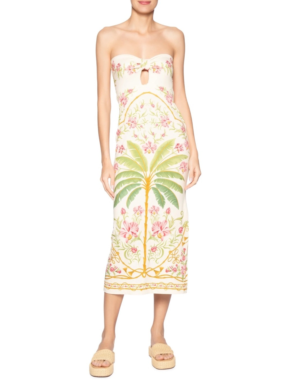 FARM Rio Cream Strapless Midi Dress with Green Palm & Pink Floral Print